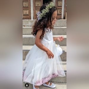 David's bridal satin tulle flower girl dress with wine colored petals- size 2/3T